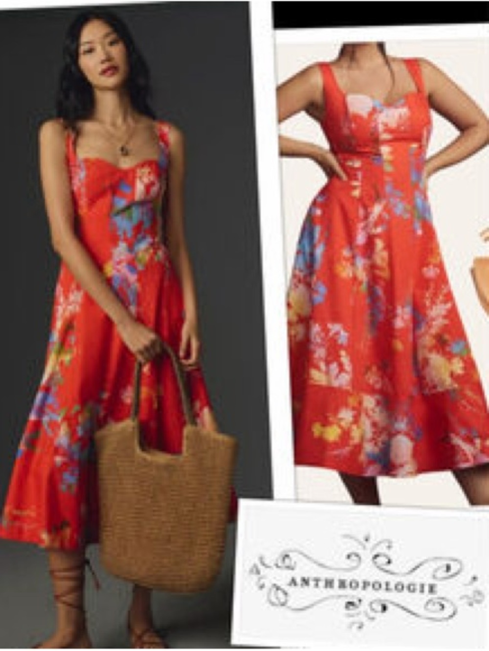 Anthropologie Red Floral Sweetheart Midi Dress